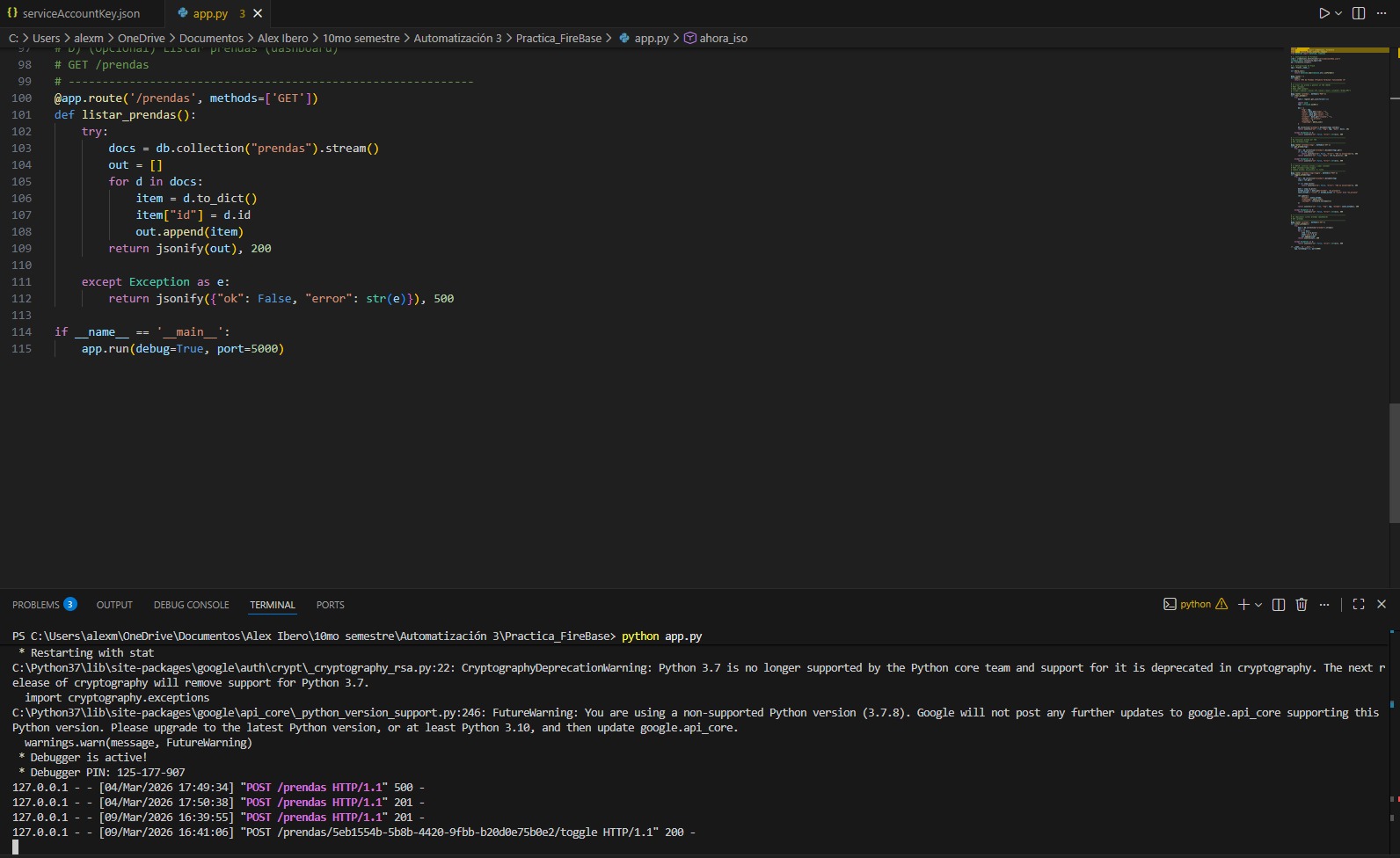 Código del archivo app.py y ejecución de Flask