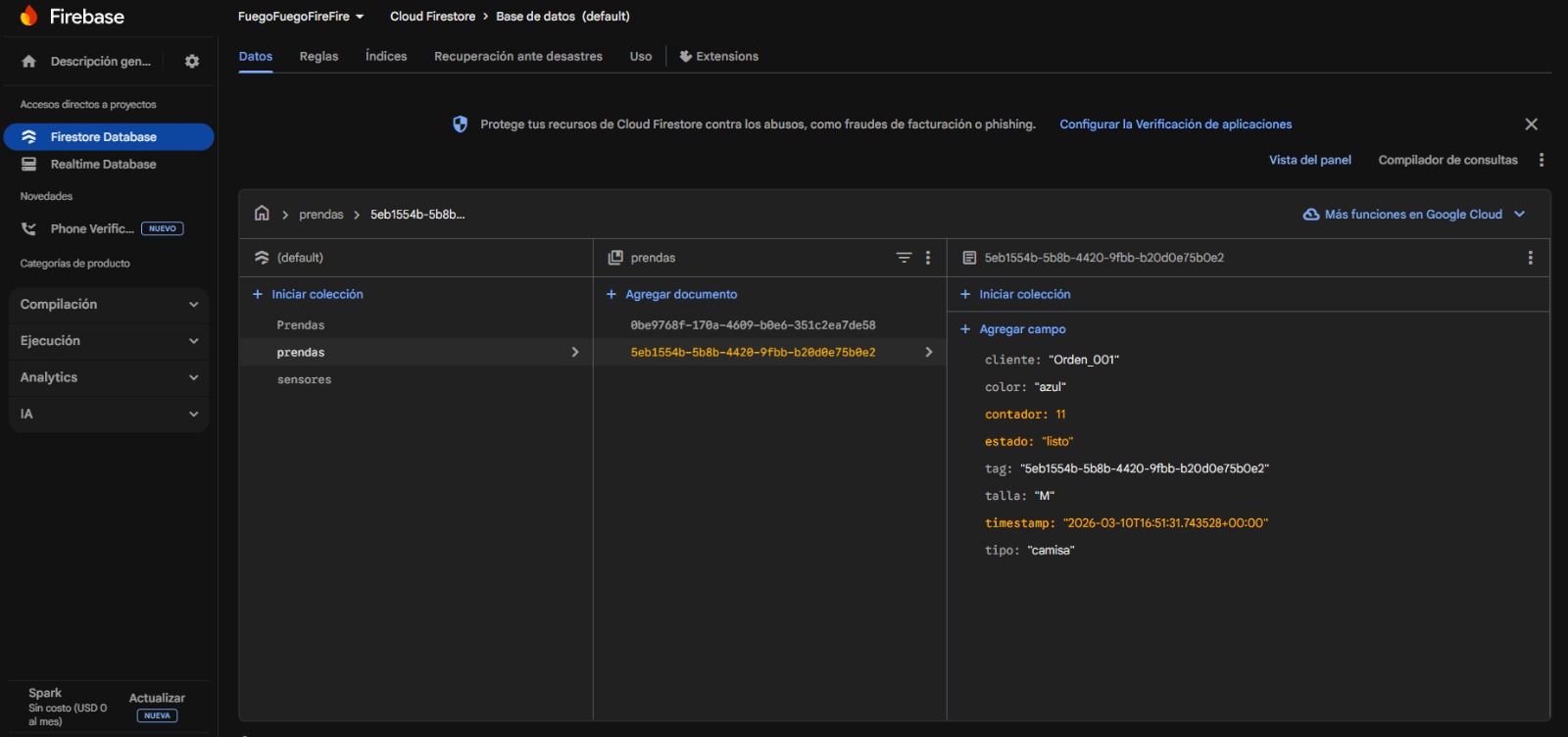 Colección de sensores en Firestore